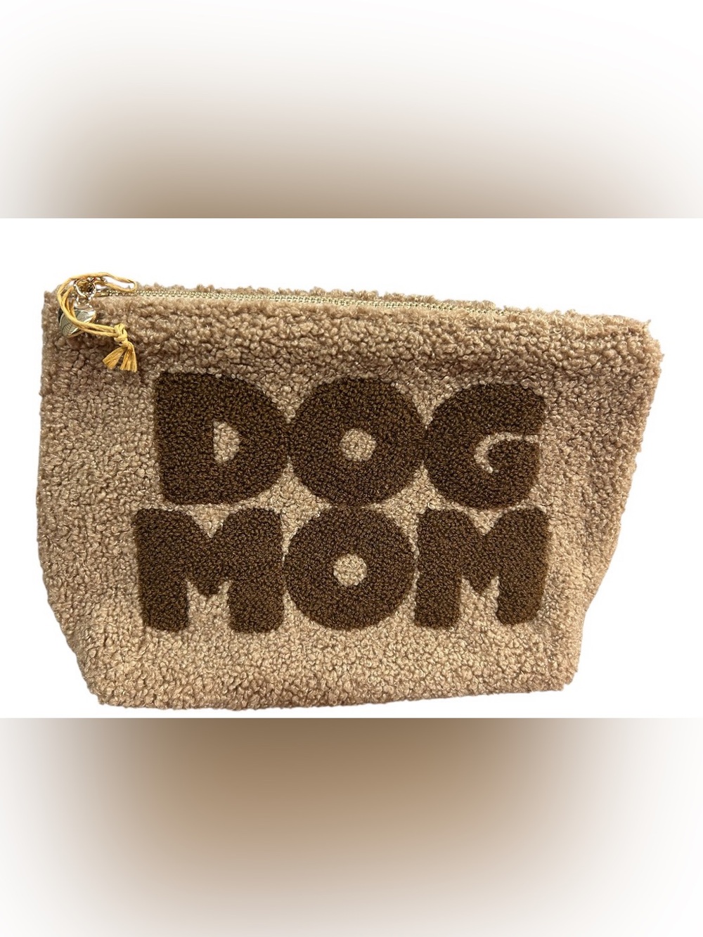 Dog Mom Sherpa Zip Pouch in Light Brown NWOT